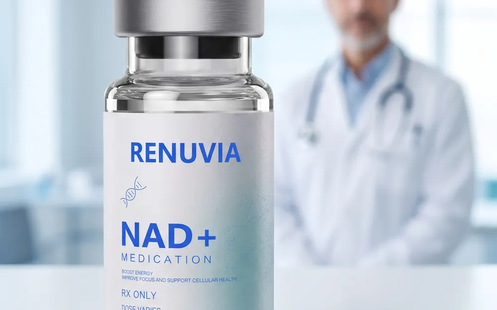 A prescription NAD+ injection vial in focus with a clinician in a white coat and stethoscope out of focus behind it